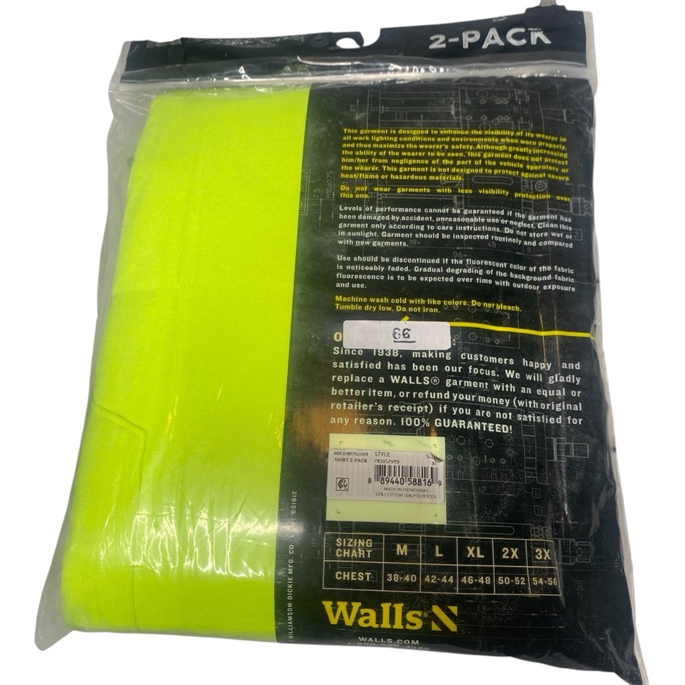 Walls Short Sleeve Working Man's Pocket Tees X-LARGE Hi Visible Yellow 2 Pack - Picture 2 of 2